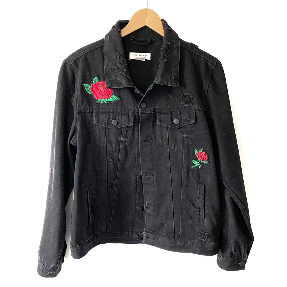 Ci Sono Distressed Black Denim Rose Patch Jacket